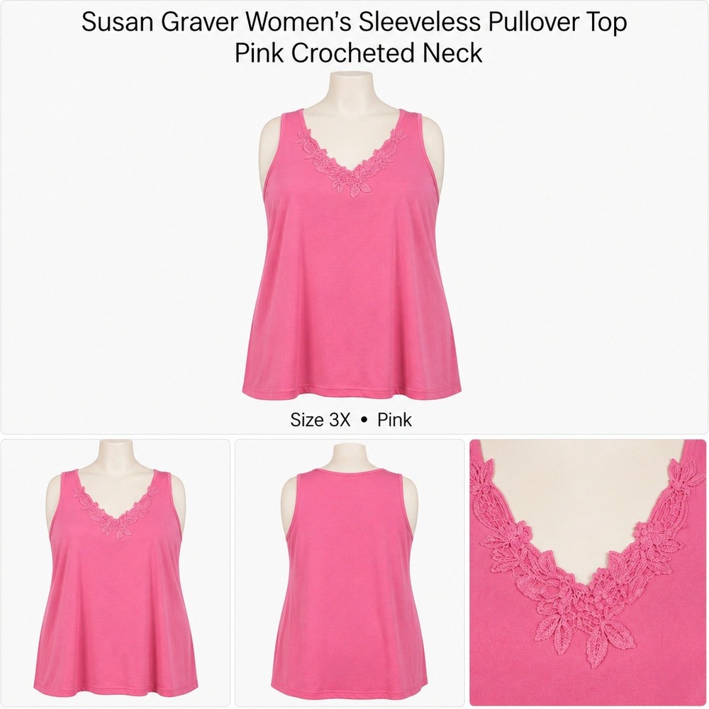Susan‎ Graver Womens 3X Pink Sleeveless Pullover Top Crochet V-Neck Floral Tank